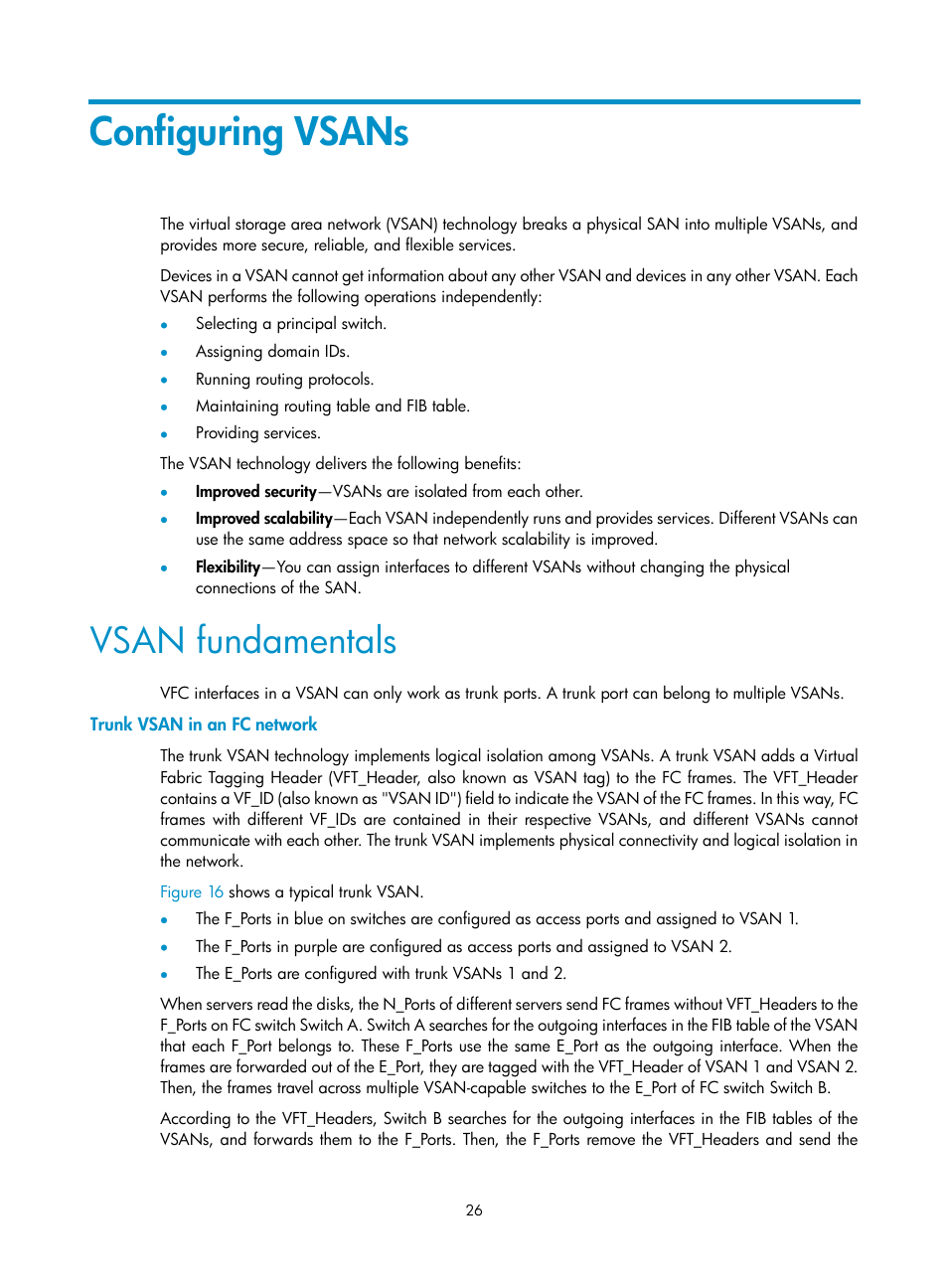 Configuring vsans, Vsan fundamentals, Trunk vsan in an fc network | H3C Technologies H3C S10500 Series Switches User Manual | Page 37 / 188