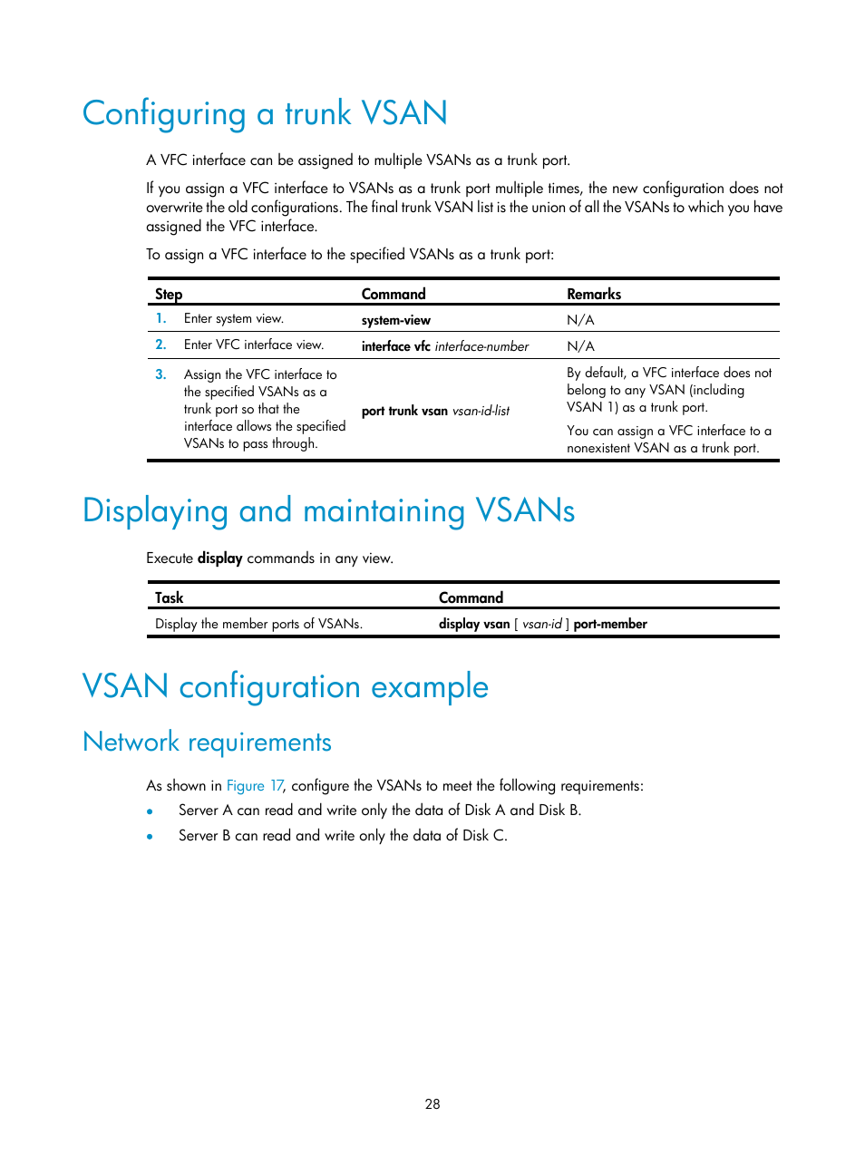 Configuring a trunk vsan, Displaying and maintaining vsans, Vsan configuration example | Network requirements | H3C Technologies H3C S10500 Series Switches User Manual | Page 39 / 188