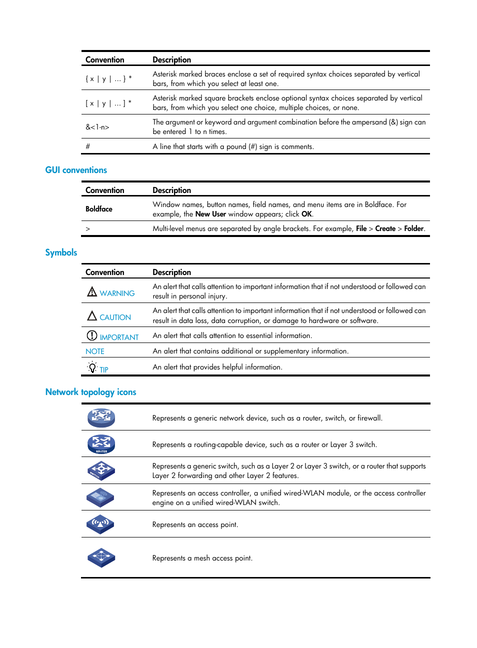 Gui conventions, Symbols, Network topology icons | H3C Technologies H3C S10500 Series Switches User Manual | Page 4 / 188