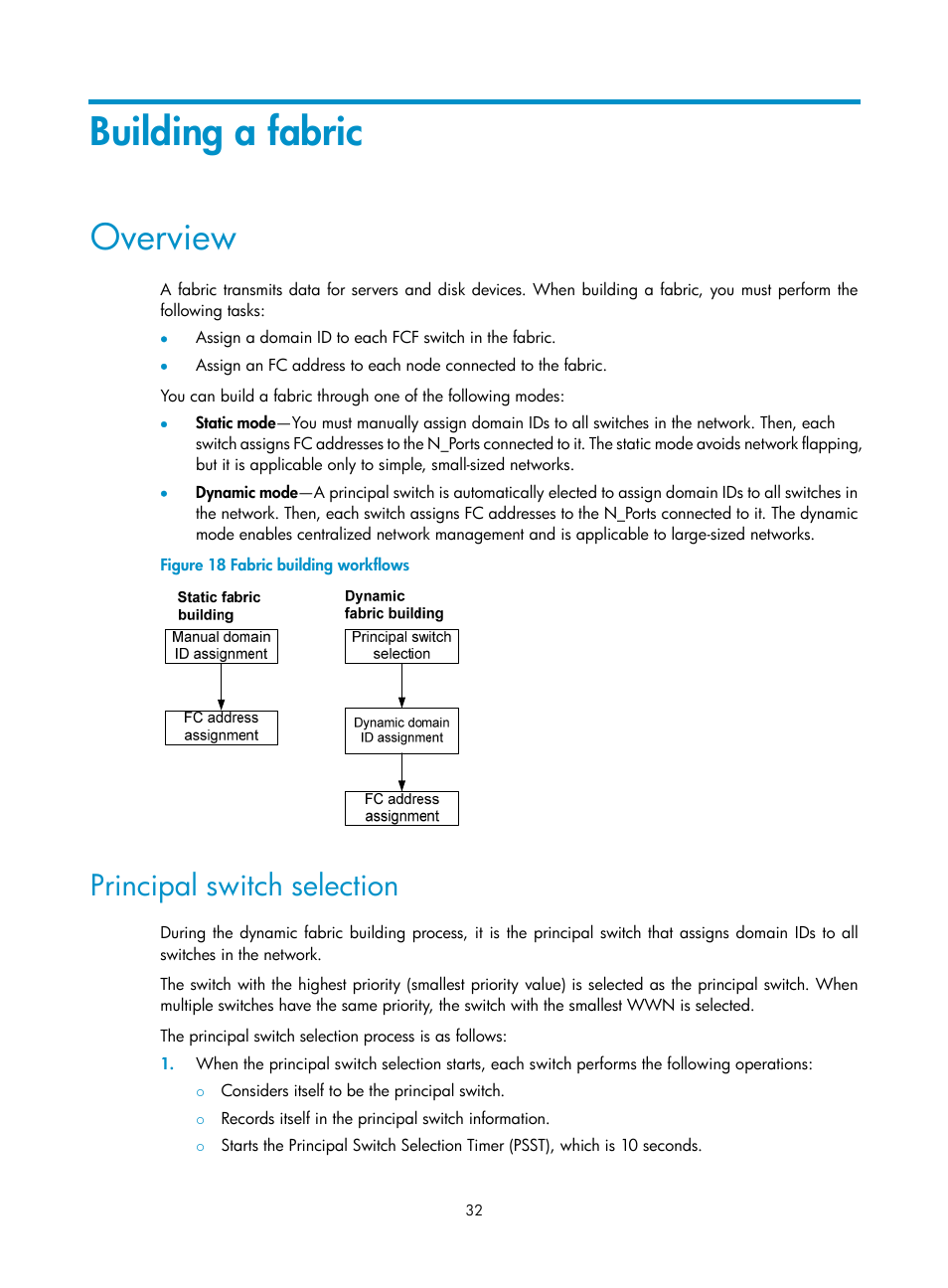 Building a fabric, Overview, Principal switch selection | H3C Technologies H3C S10500 Series Switches User Manual | Page 43 / 188