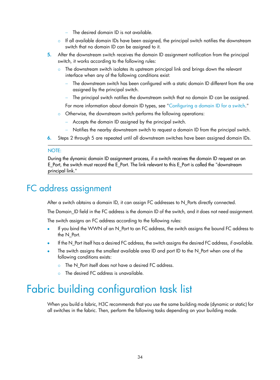 Fc address assignment, Fabric building configuration task list | H3C Technologies H3C S10500 Series Switches User Manual | Page 45 / 188