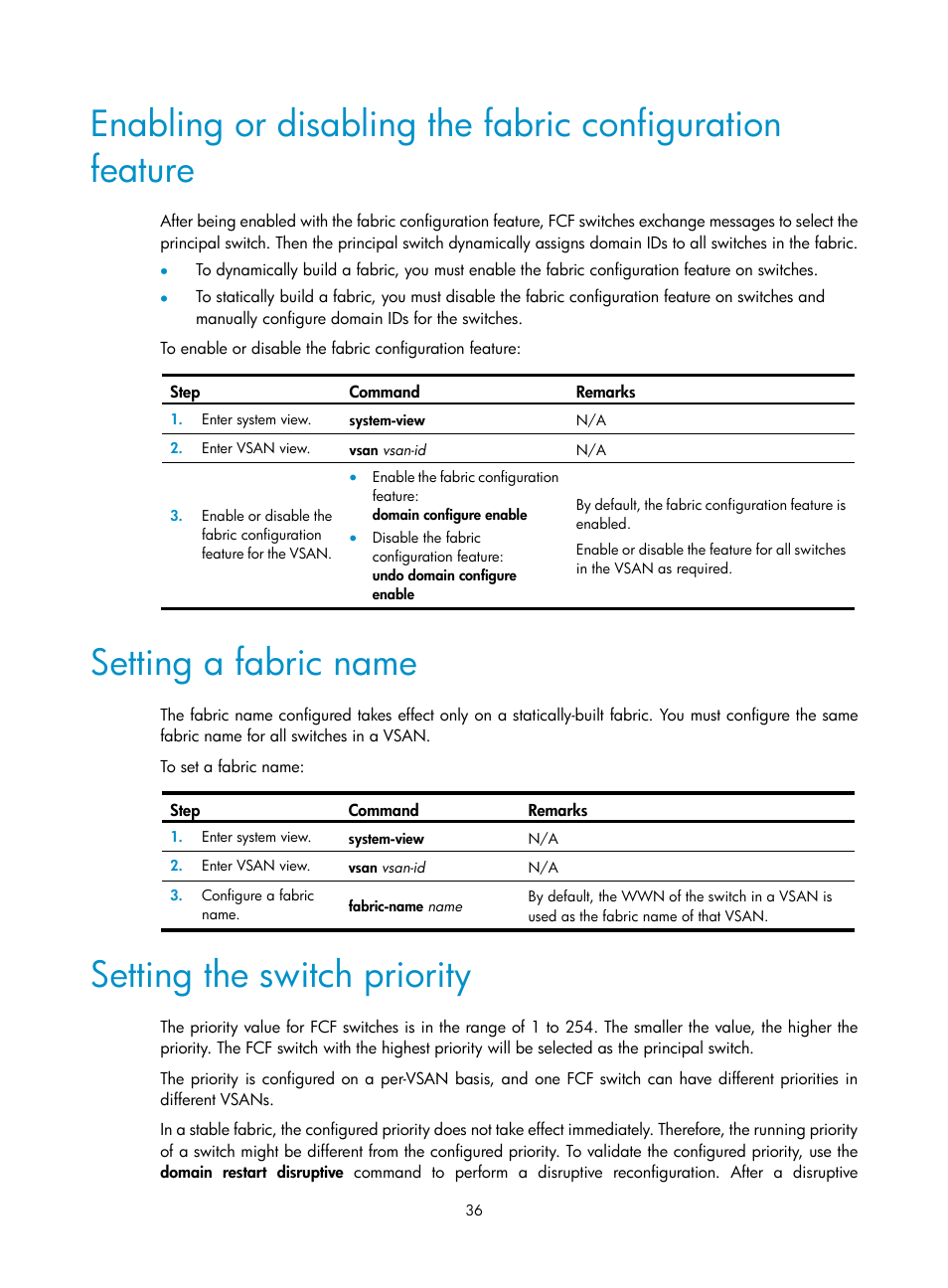 Setting a fabric name, Setting the switch priority, Required.) | H3C Technologies H3C S10500 Series Switches User Manual | Page 47 / 188