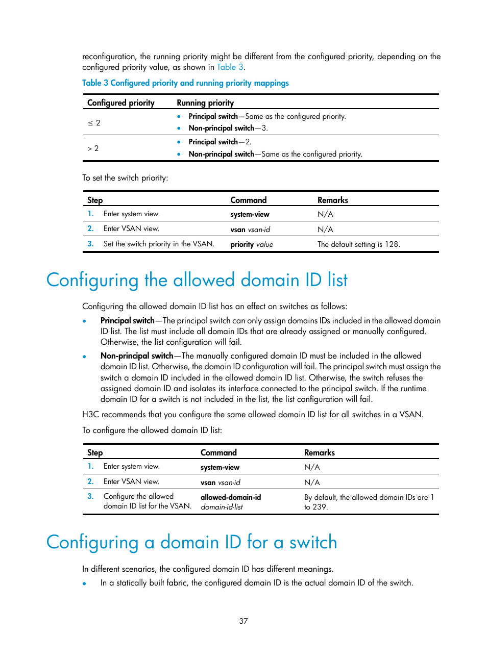 Configuring the allowed domain id list, Configuring a domain id for a switch | H3C Technologies H3C S10500 Series Switches User Manual | Page 48 / 188