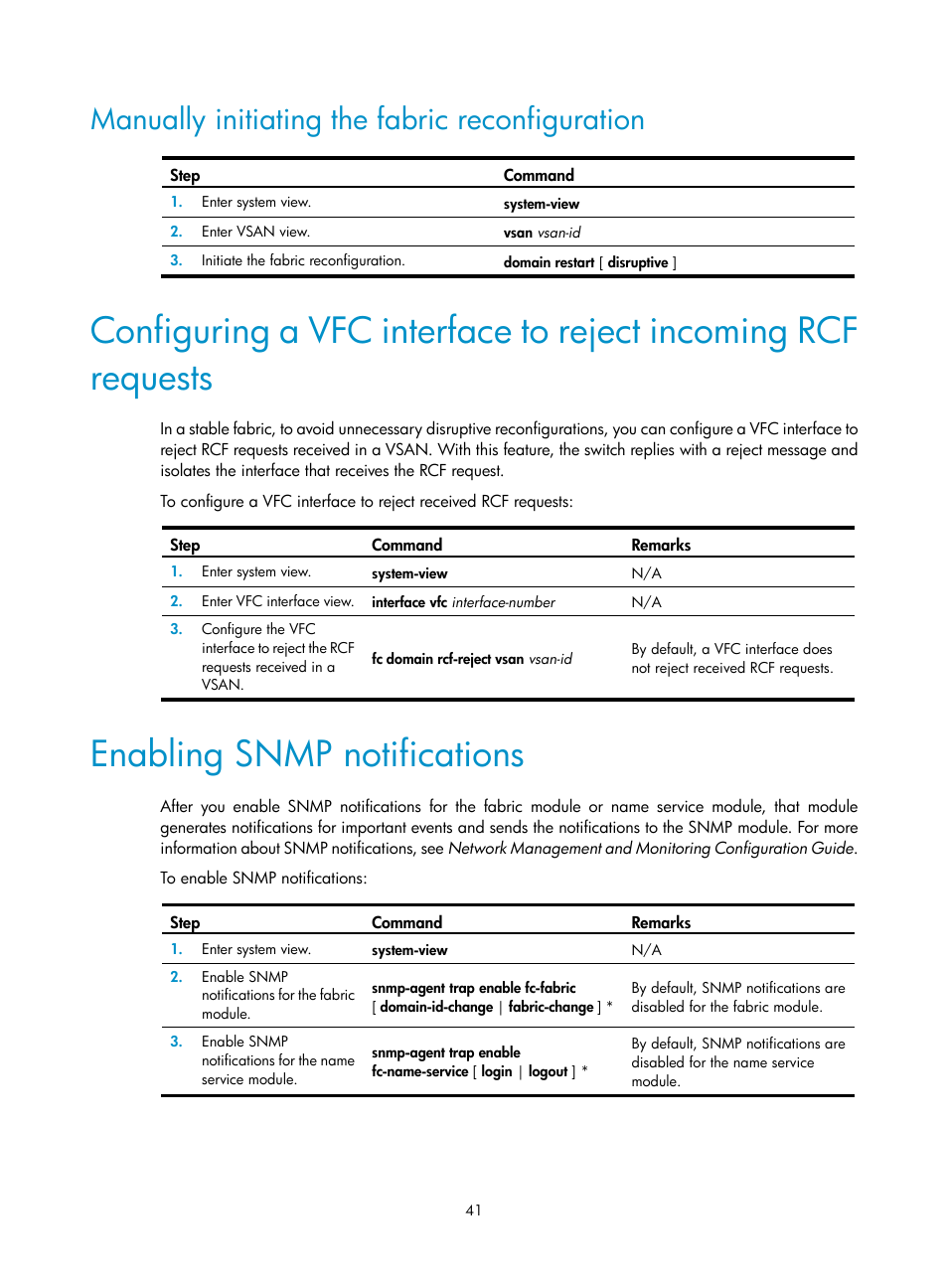 Manually initiating the fabric reconfiguration, Enabling snmp notifications, Configuring a vfc interface to reject incoming rcf | Requests | H3C Technologies H3C S10500 Series Switches User Manual | Page 52 / 188