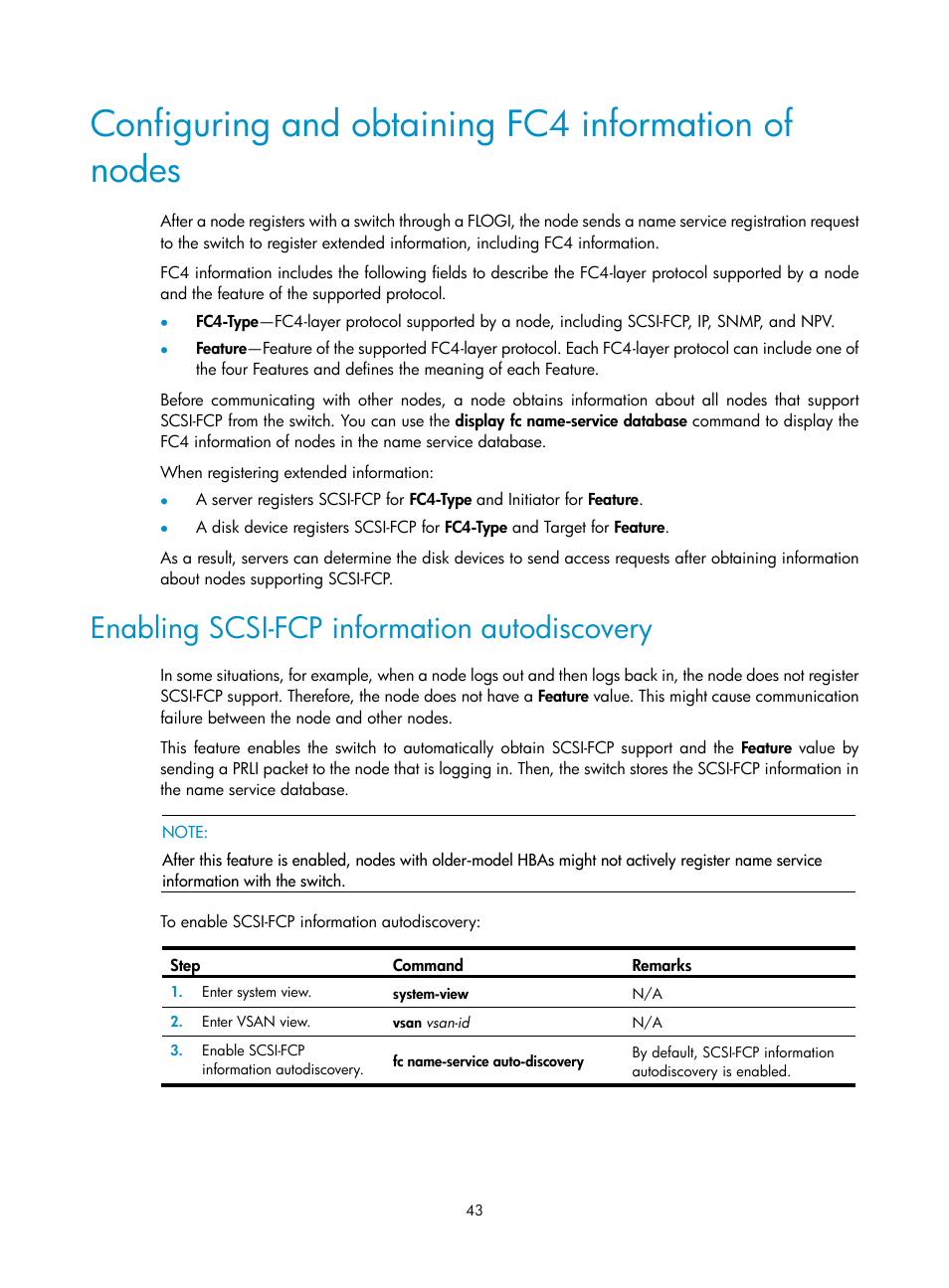 Configuring and obtaining fc4 information of nodes, Enabling scsi-fcp information autodiscovery, T fc4 information, see | Optional.) | H3C Technologies H3C S10500 Series Switches User Manual | Page 54 / 188