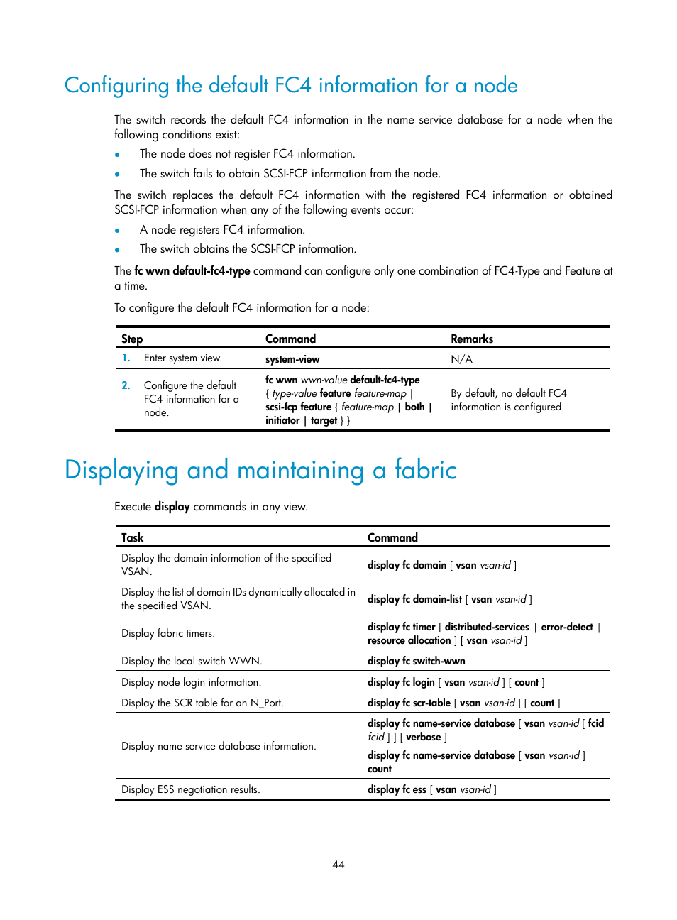 Configuring the default fc4 information for a node, Displaying and maintaining a fabric | H3C Technologies H3C S10500 Series Switches User Manual | Page 55 / 188