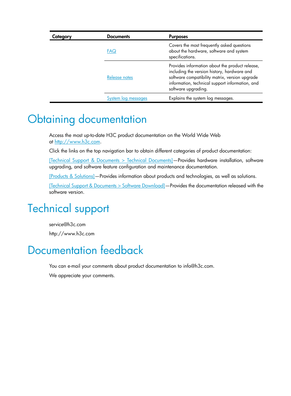 Obtaining documentation, Technical support, Documentation feedback | H3C Technologies H3C S10500 Series Switches User Manual | Page 6 / 188