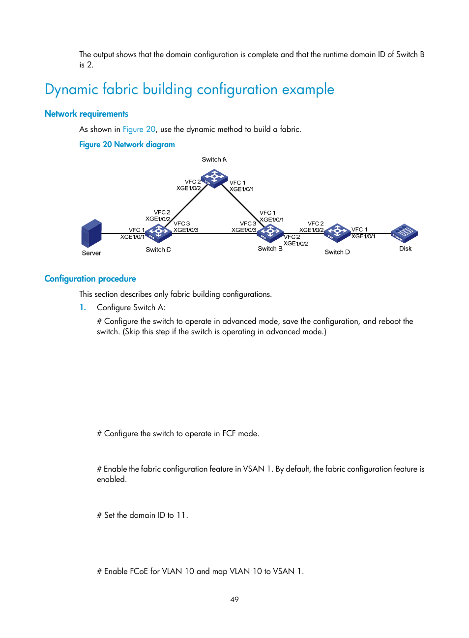 Dynamic fabric building configuration example, Network requirements, Configuration procedure | H3C Technologies H3C S10500 Series Switches User Manual | Page 60 / 188