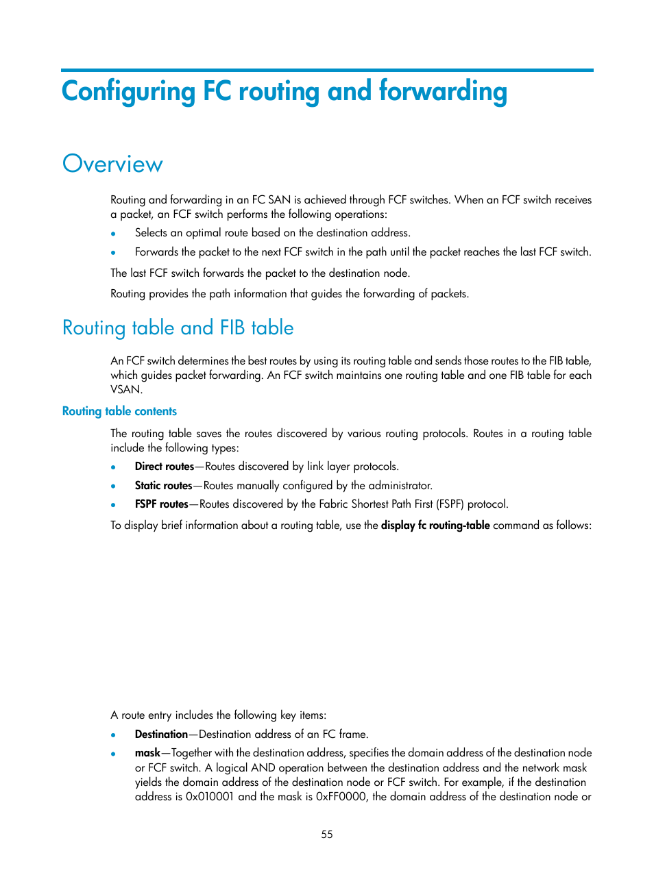 Configuring fc routing and forwarding, Overview, Routing table and fib table | Routing table contents | H3C Technologies H3C S10500 Series Switches User Manual | Page 66 / 188