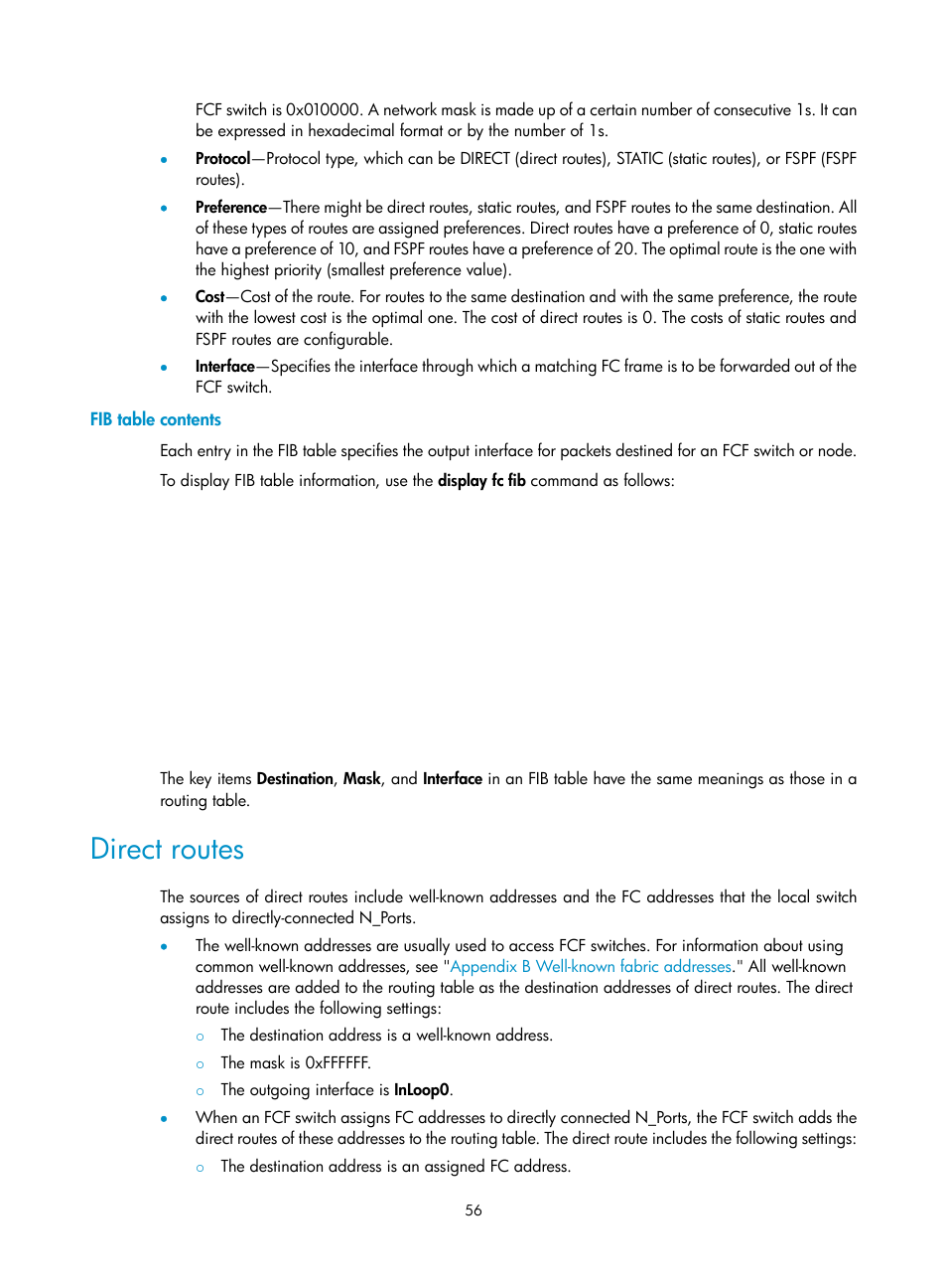 Fib table contents, Direct routes | H3C Technologies H3C S10500 Series Switches User Manual | Page 67 / 188