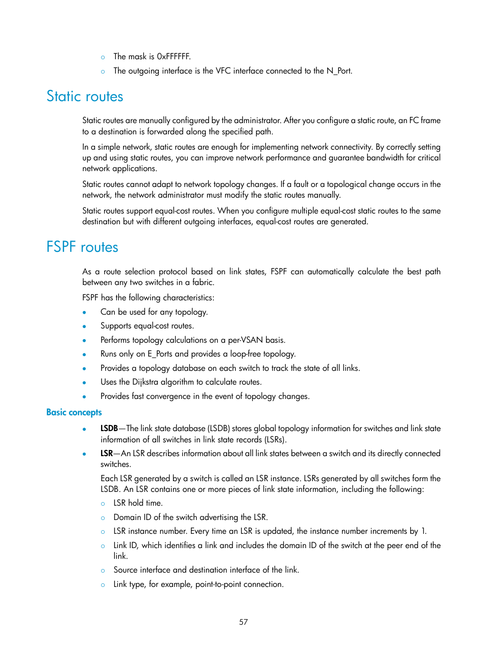 Static routes, Fspf routes, Basic concepts | H3C Technologies H3C S10500 Series Switches User Manual | Page 68 / 188