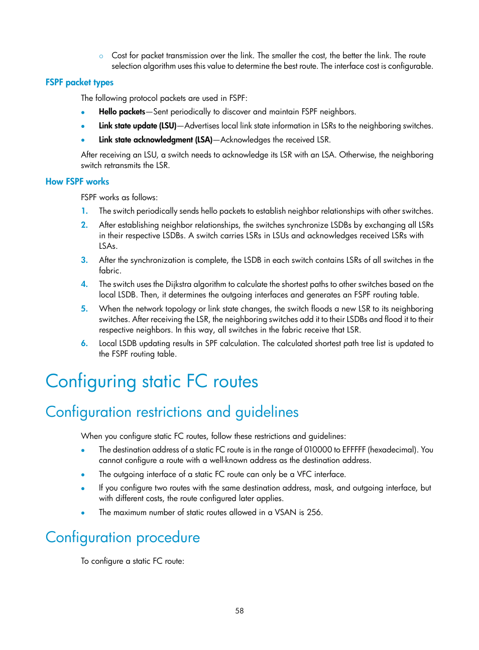 Fspf packet types, How fspf works, Configuring static fc routes | Configuration restrictions and guidelines, Configuration procedure | H3C Technologies H3C S10500 Series Switches User Manual | Page 69 / 188