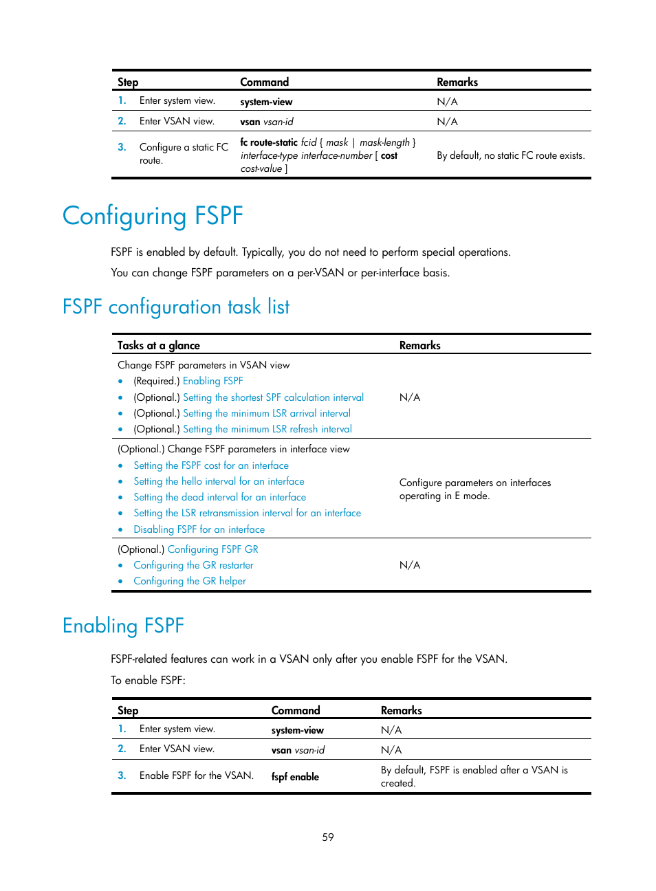 Configuring fspf, Fspf configuration task list, Enabling fspf | H3C Technologies H3C S10500 Series Switches User Manual | Page 70 / 188