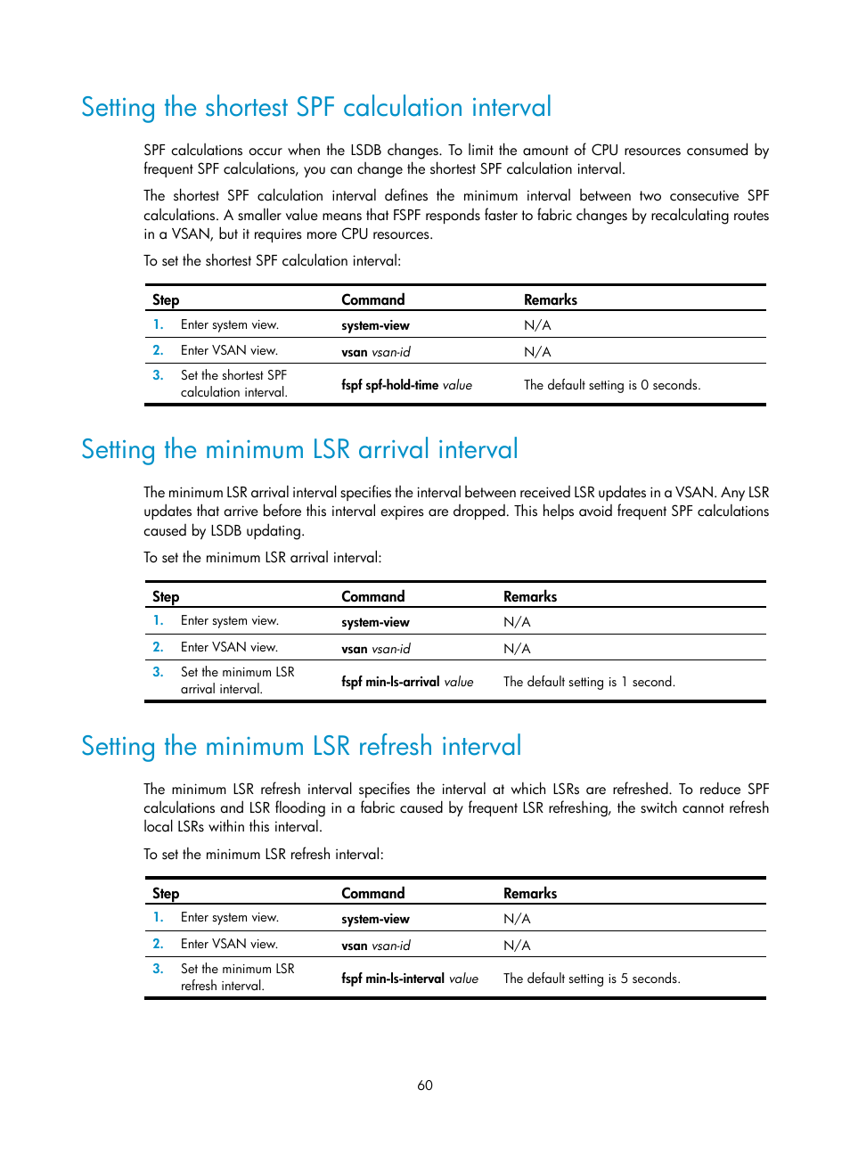 Setting the shortest spf calculation interval, Setting the minimum lsr arrival interval, Setting the minimum lsr refresh interval | H3C Technologies H3C S10500 Series Switches User Manual | Page 71 / 188