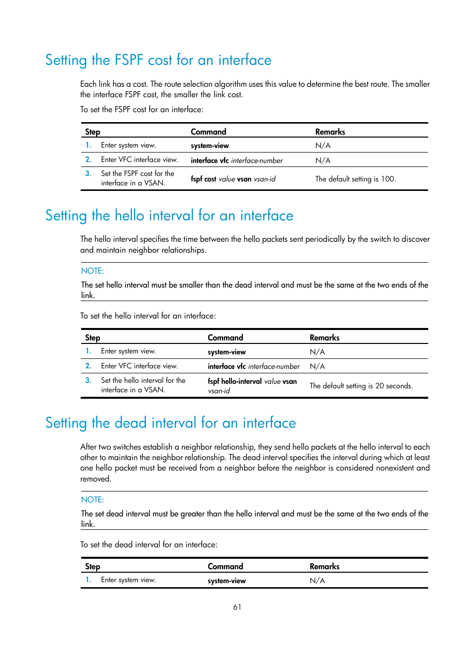 Setting the fspf cost for an interface, Setting the hello interval for an interface, Setting the dead interval for an interface | H3C Technologies H3C S10500 Series Switches User Manual | Page 72 / 188