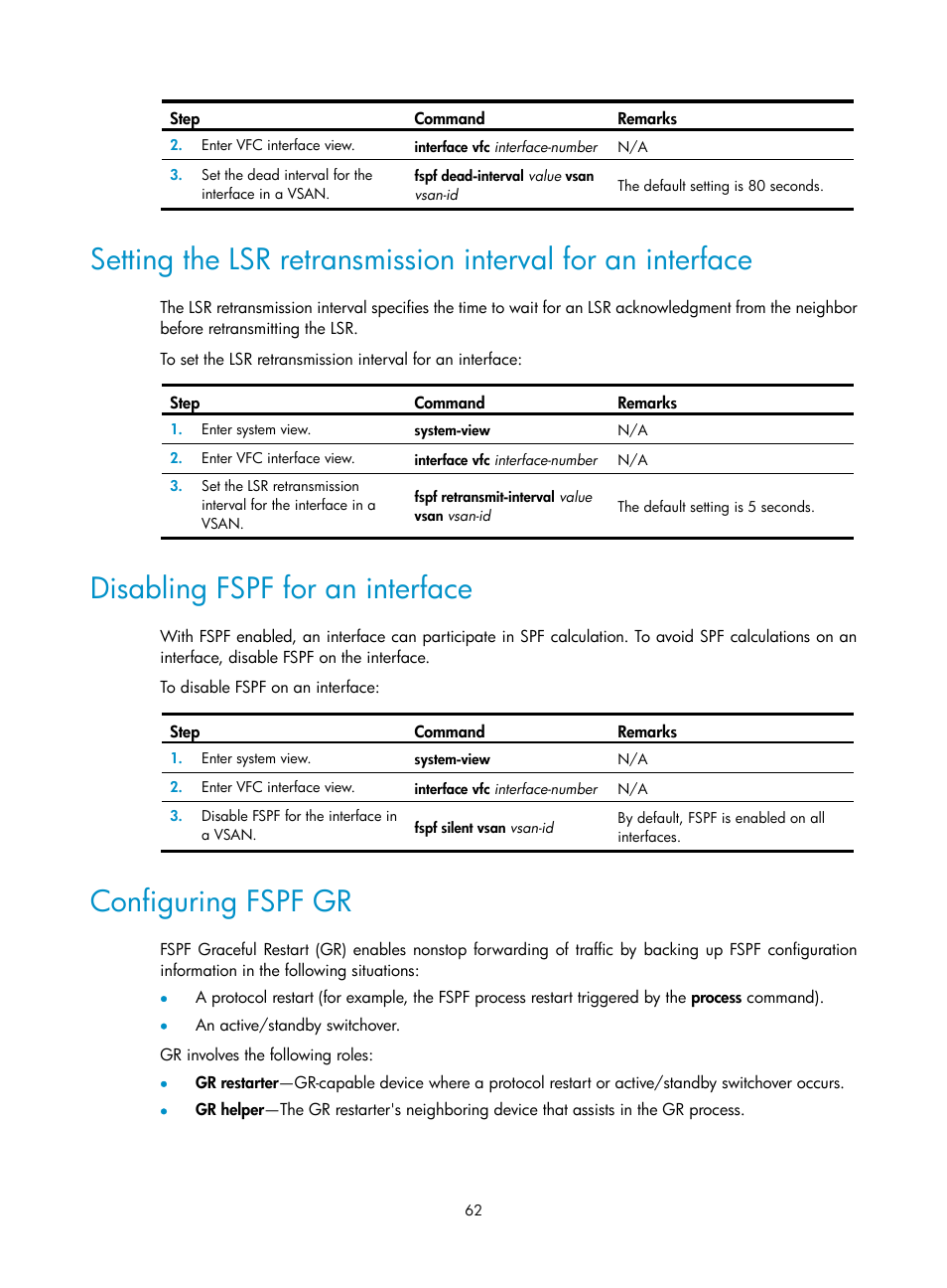 Disabling fspf for an interface, Configuring fspf gr | H3C Technologies H3C S10500 Series Switches User Manual | Page 73 / 188