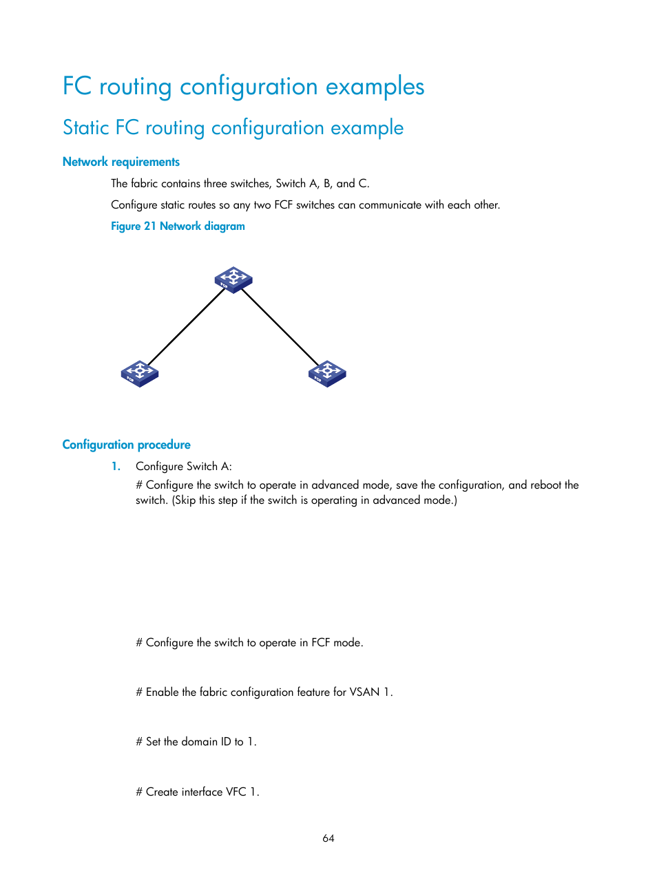 Fc routing configuration examples, Static fc routing configuration example, Network requirements | Configuration procedure | H3C Technologies H3C S10500 Series Switches User Manual | Page 75 / 188