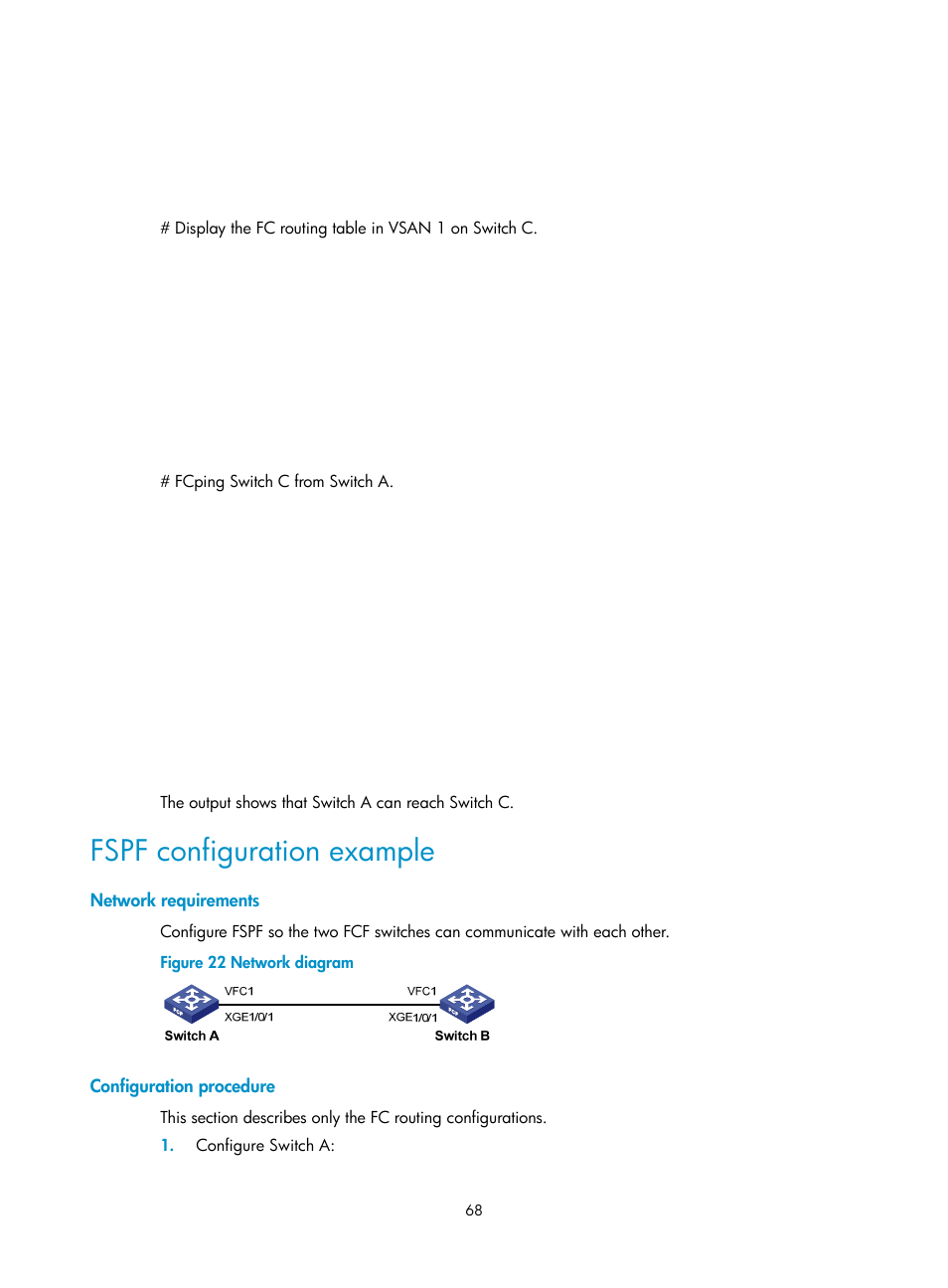 Fspf configuration example, Network requirements, Configuration procedure | H3C Technologies H3C S10500 Series Switches User Manual | Page 79 / 188