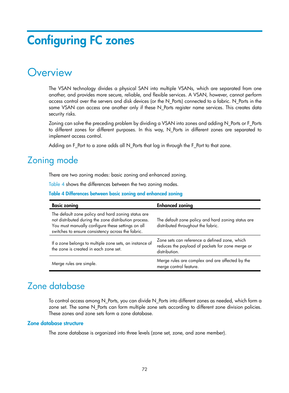 Configuring fc zones, Overview, Zoning mode | Zone database, Zone database structure | H3C Technologies H3C S10500 Series Switches User Manual | Page 83 / 188