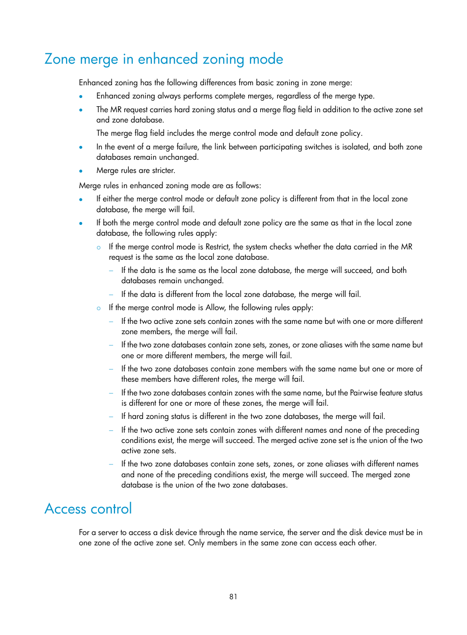 Zone merge in enhanced zoning mode, Access control | H3C Technologies H3C S10500 Series Switches User Manual | Page 92 / 188