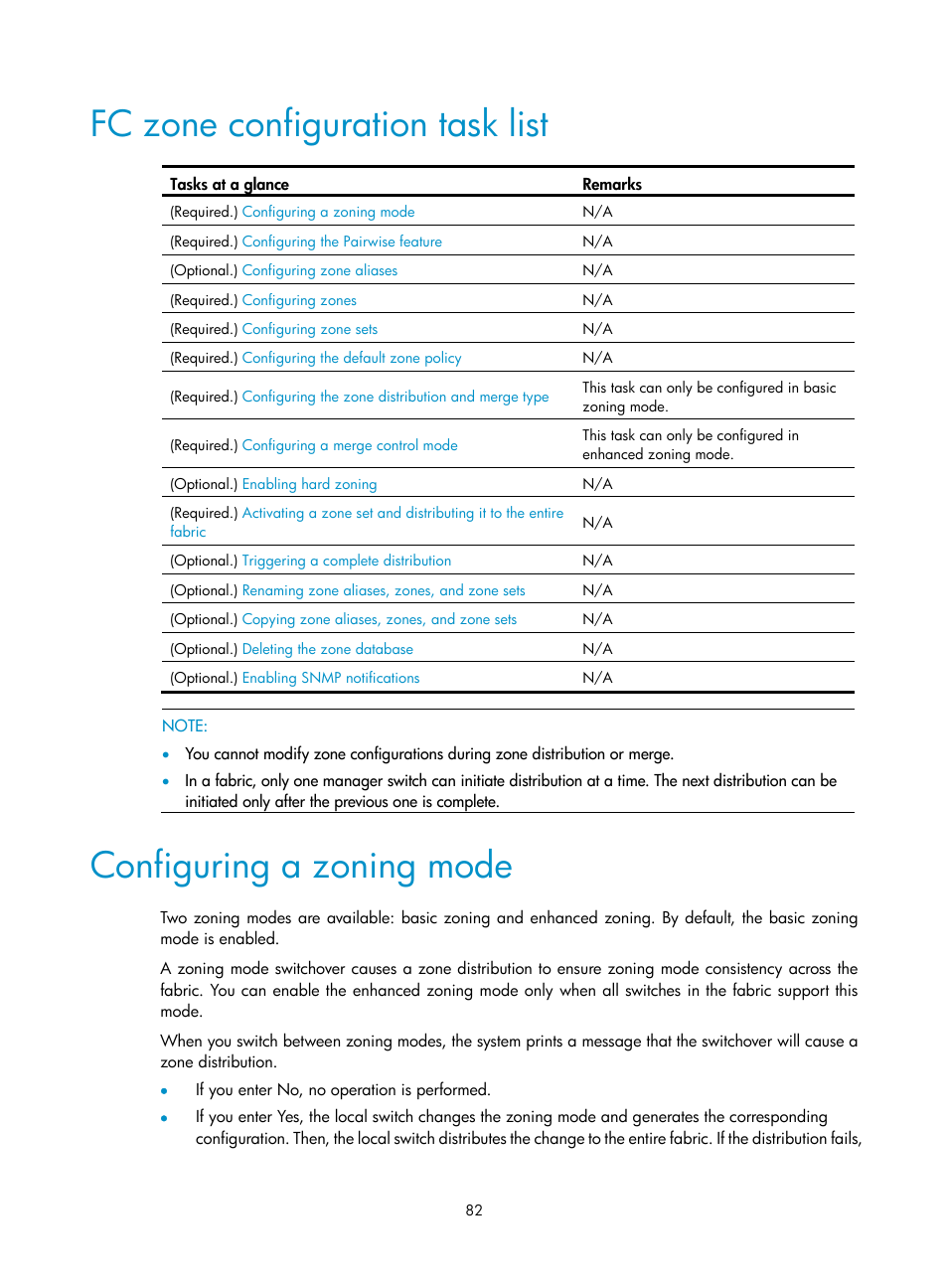 Fc zone configuration task list, Configuring a zoning mode | H3C Technologies H3C S10500 Series Switches User Manual | Page 93 / 188