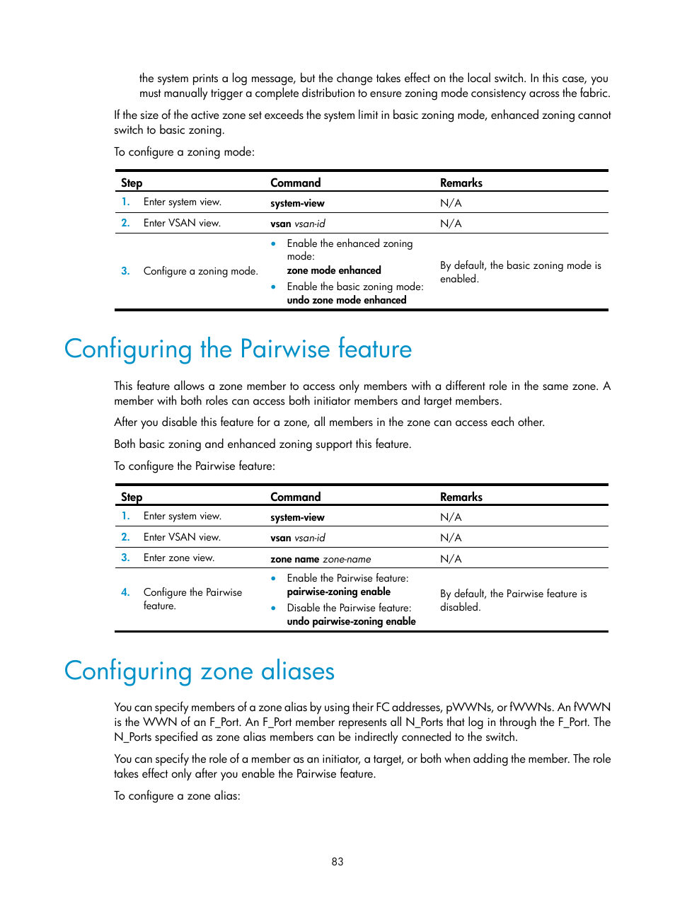 Configuring the pairwise feature, Configuring zone aliases | H3C Technologies H3C S10500 Series Switches User Manual | Page 94 / 188