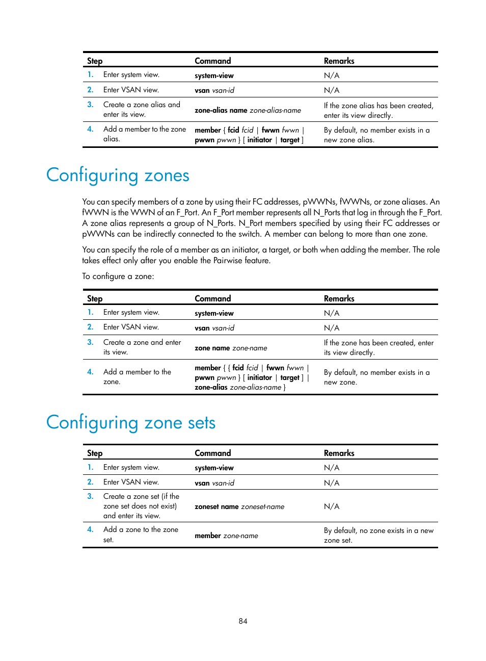 Configuring zones, Configuring zone sets | H3C Technologies H3C S10500 Series Switches User Manual | Page 95 / 188