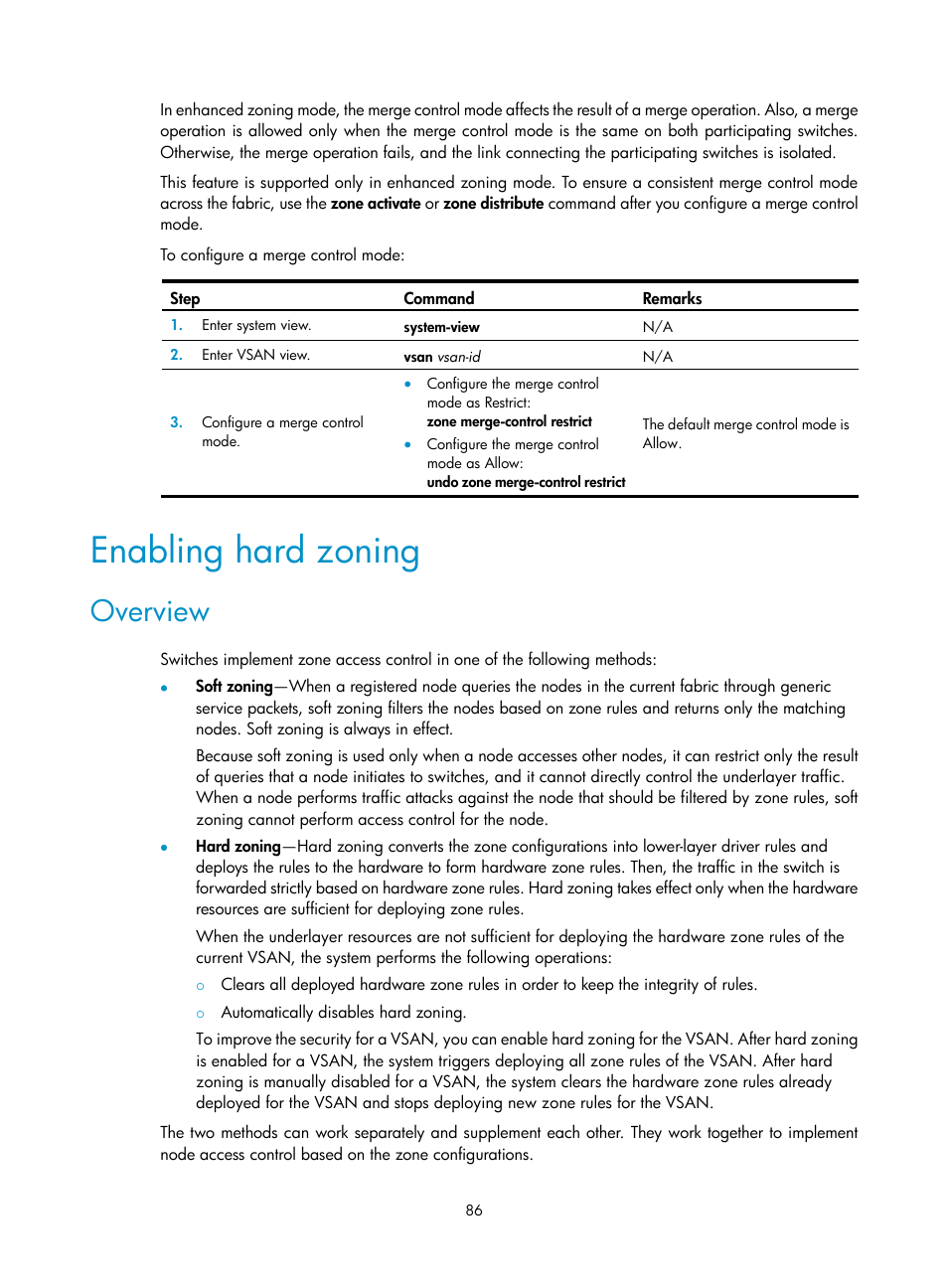 Enabling hard zoning, Overview | H3C Technologies H3C S10500 Series Switches User Manual | Page 97 / 188