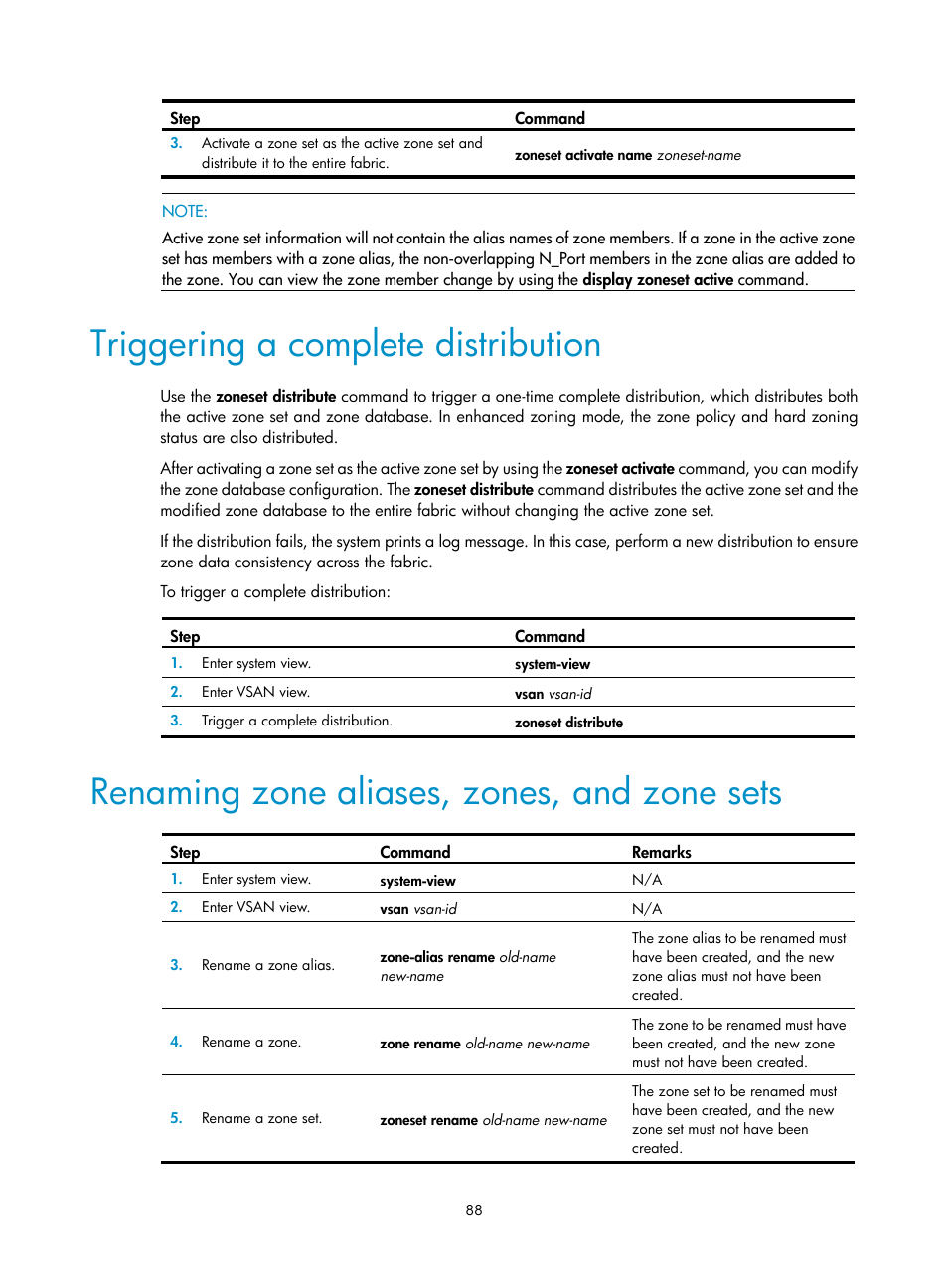 Triggering a complete distribution, Renaming zone aliases, zones, and zone sets | H3C Technologies H3C S10500 Series Switches User Manual | Page 99 / 188