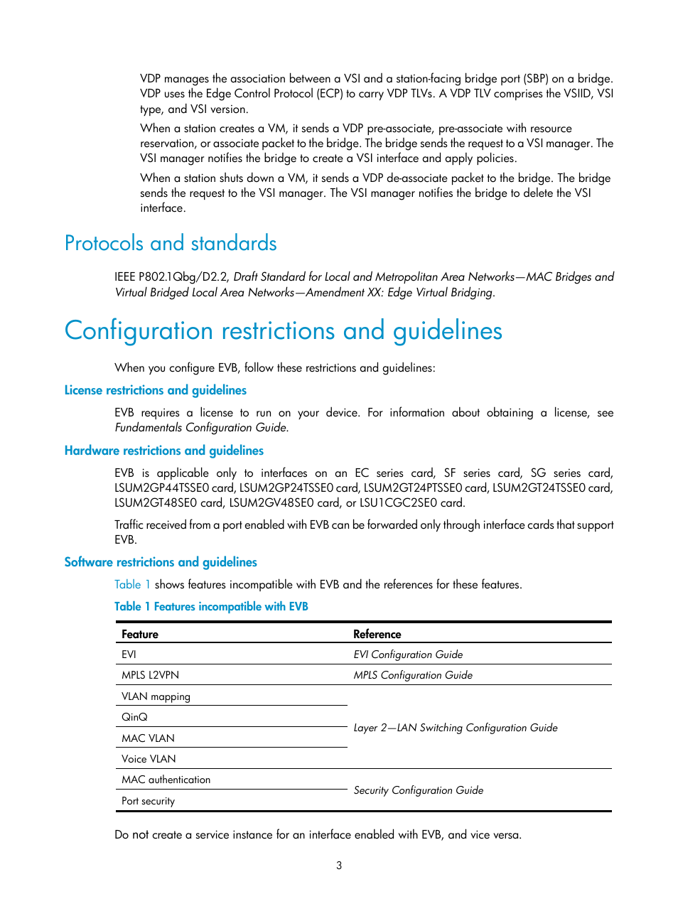 Protocols and standards, Configuration restrictions and guidelines, License restrictions and guidelines | Hardware restrictions and guidelines, Software restrictions and guidelines | H3C Technologies H3C S10500 Series Switches User Manual | Page 10 / 26