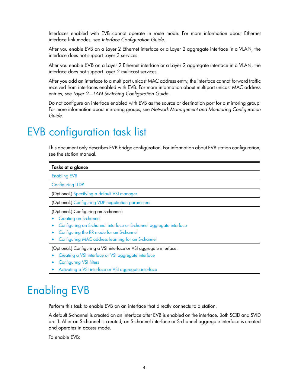 Evb configuration task list, Enabling evb | H3C Technologies H3C S10500 Series Switches User Manual | Page 11 / 26