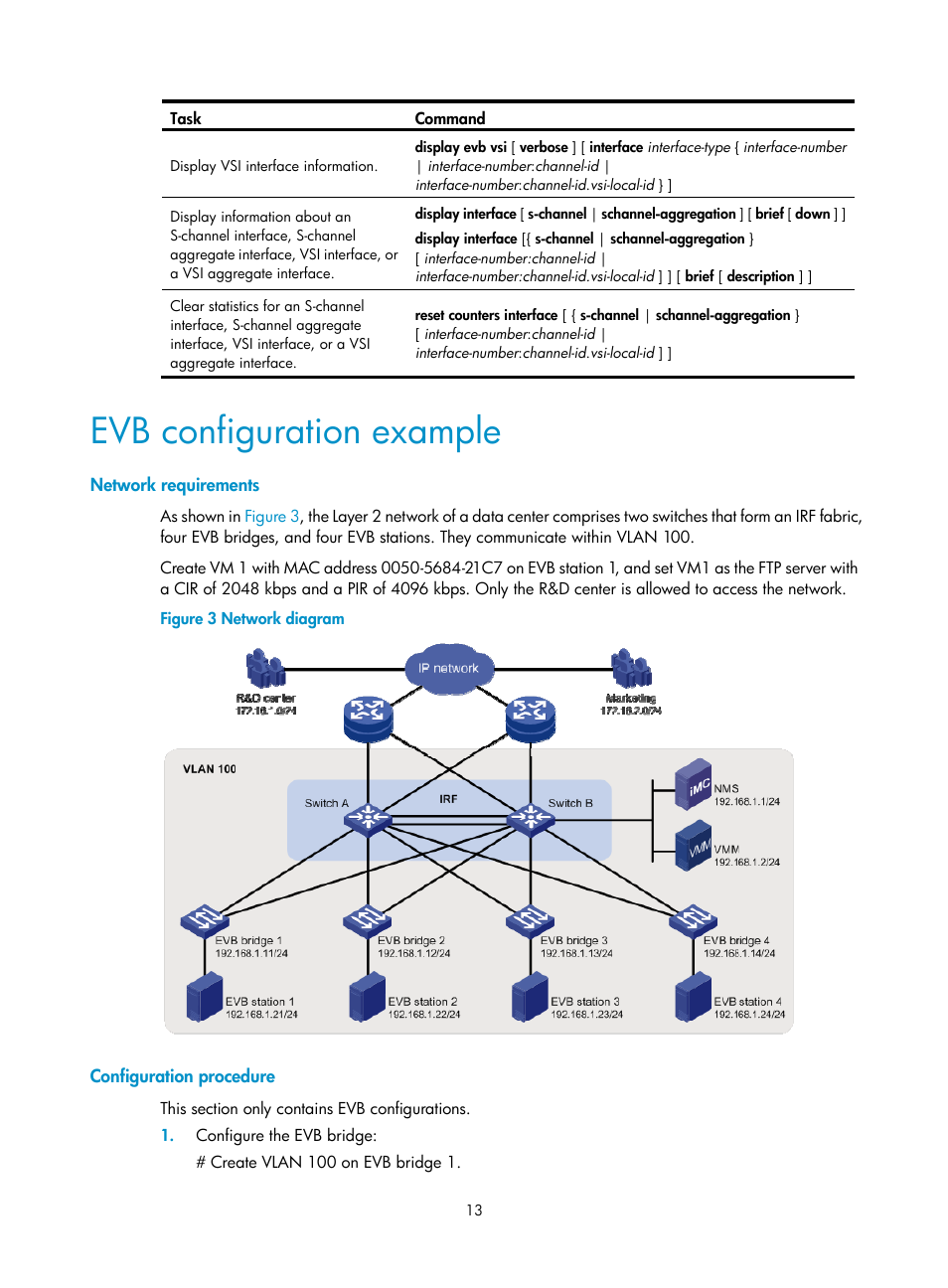 Evb configuration example, Network requirements, Configuration procedure | H3C Technologies H3C S10500 Series Switches User Manual | Page 20 / 26