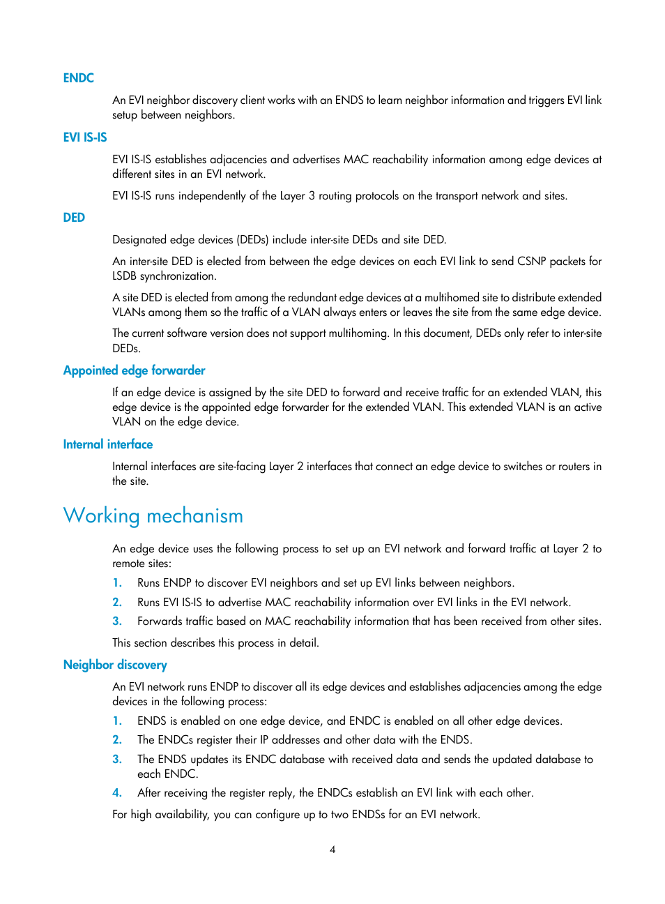 Endc, Evi is-is, Appointed edge forwarder | Internal interface, Working mechanism, Neighbor discovery | H3C Technologies H3C S10500 Series Switches User Manual | Page 11 / 44