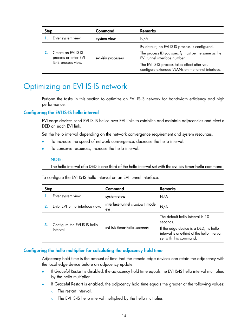Optimizing an evi is-is network, Configuring the evi is-is hello interval, Adjacency hold time | H3C Technologies H3C S10500 Series Switches User Manual | Page 21 / 44