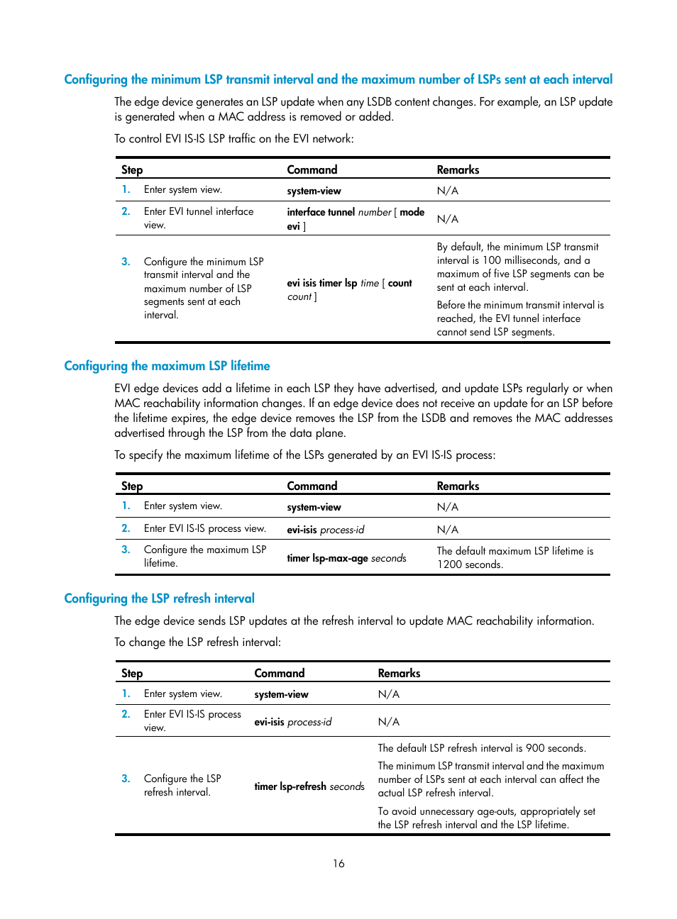 Configuring the maximum lsp lifetime, Configuring the lsp refresh interval, Maximum number of lsps sent at each interval | H3C Technologies H3C S10500 Series Switches User Manual | Page 23 / 44