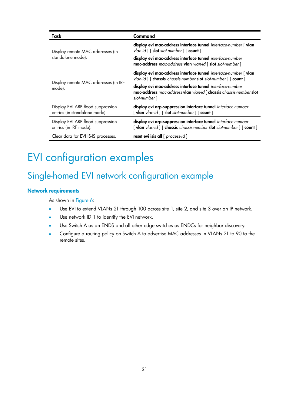 Evi configuration examples, Single-homed evi network configuration example, Network requirements | H3C Technologies H3C S10500 Series Switches User Manual | Page 28 / 44