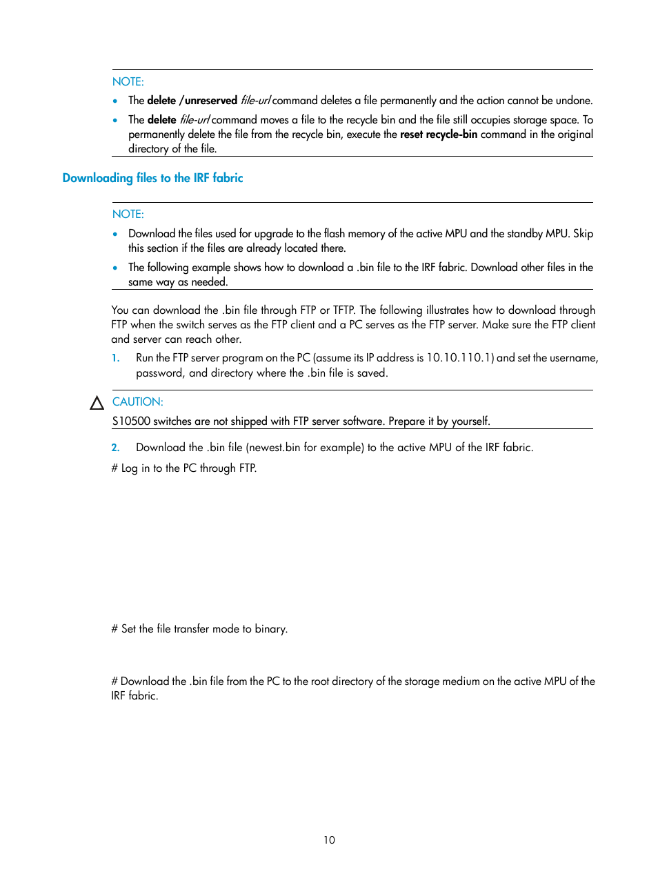 Downloading files to the irf fabric | H3C Technologies H3C S10500 Series Switches User Manual | Page 11 / 37