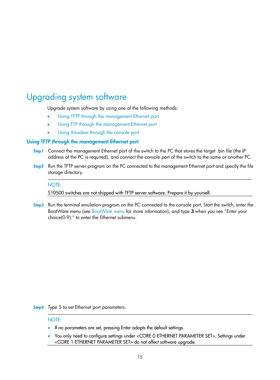 Upgrading system software, Using tftp through the management ethernet port | H3C Technologies H3C S10500 Series Switches User Manual | Page 16 / 37