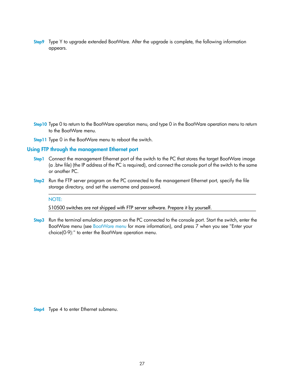 Using ftp through the management ethernet port | H3C Technologies H3C S10500 Series Switches User Manual | Page 28 / 37