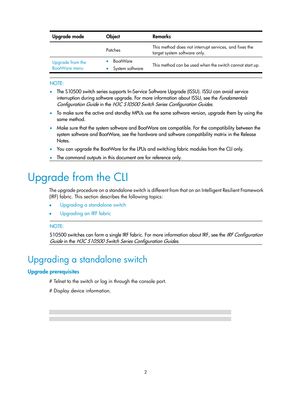 Upgrade from the cli, Upgrading a standalone switch, Upgrade prerequisites | H3C Technologies H3C S10500 Series Switches User Manual | Page 3 / 37