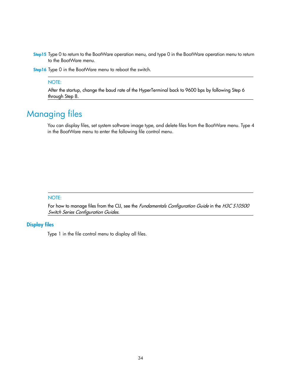 Managing files, Display files | H3C Technologies H3C S10500 Series Switches User Manual | Page 35 / 37