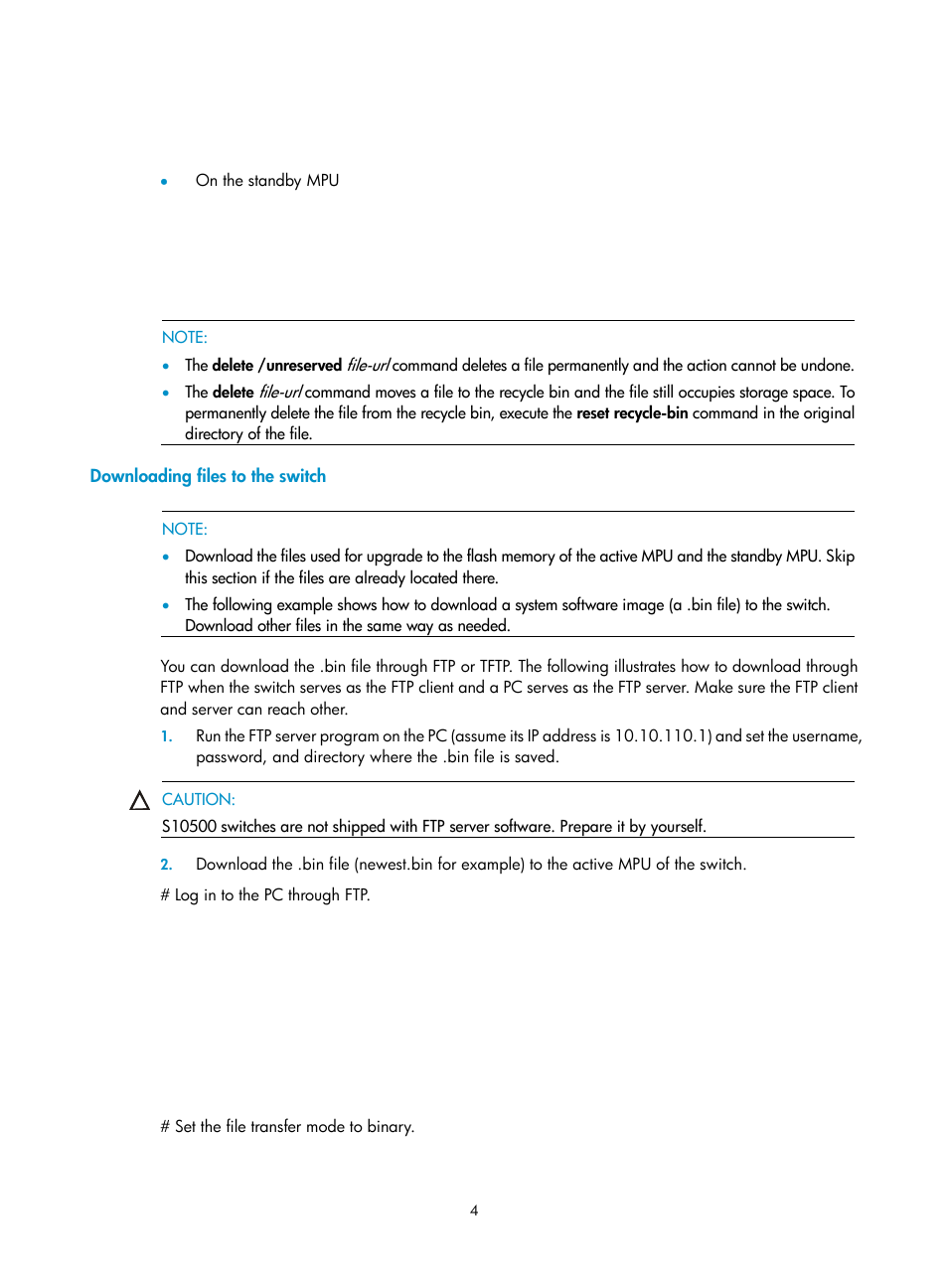 Downloading files to the switch | H3C Technologies H3C S10500 Series Switches User Manual | Page 5 / 37