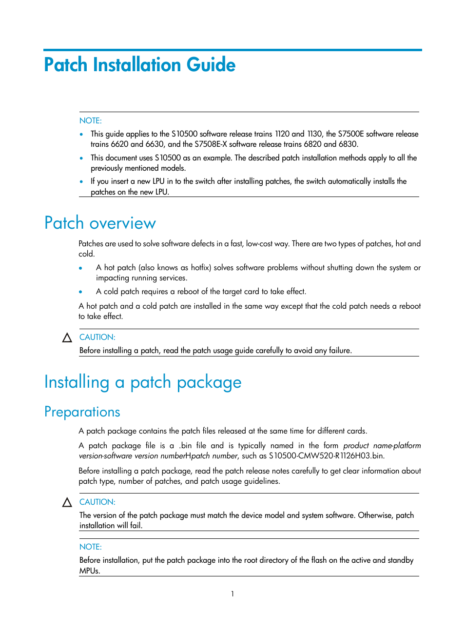 Patch installation guide, Patch overview, Installing a patch package | Preparations | H3C Technologies H3C S10500 Series Switches User Manual | Page 2 / 7