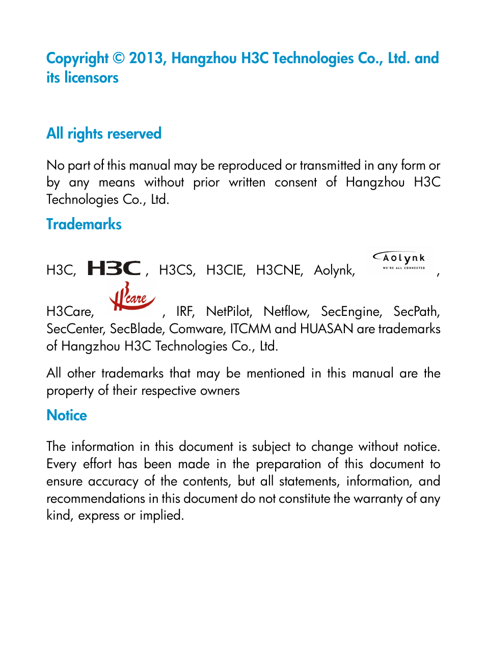 All rights reserved, Trademarks, Notice | H3C Technologies H3C S9800 Series Switches User Manual | Page 2 / 14