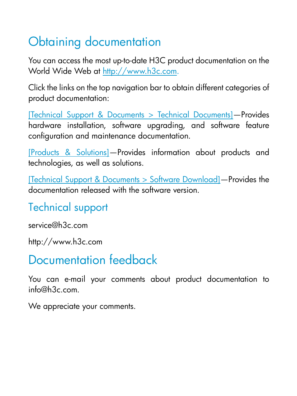 Obtaining documentation, Technical support, Documentation feedback | H3C Technologies H3C S9800 Series Switches User Manual | Page 4 / 14