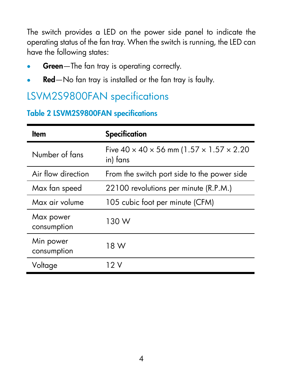 Lsvm2s9800fan specifications | H3C Technologies H3C S9800 Series Switches User Manual | Page 9 / 14