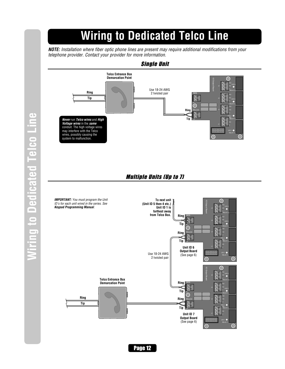 Wiring to dedicated telco line, Single unit multiple units (up to 7), Page 12 | Chamberlain ELITE EL25 User Manual | Page 14 / 32