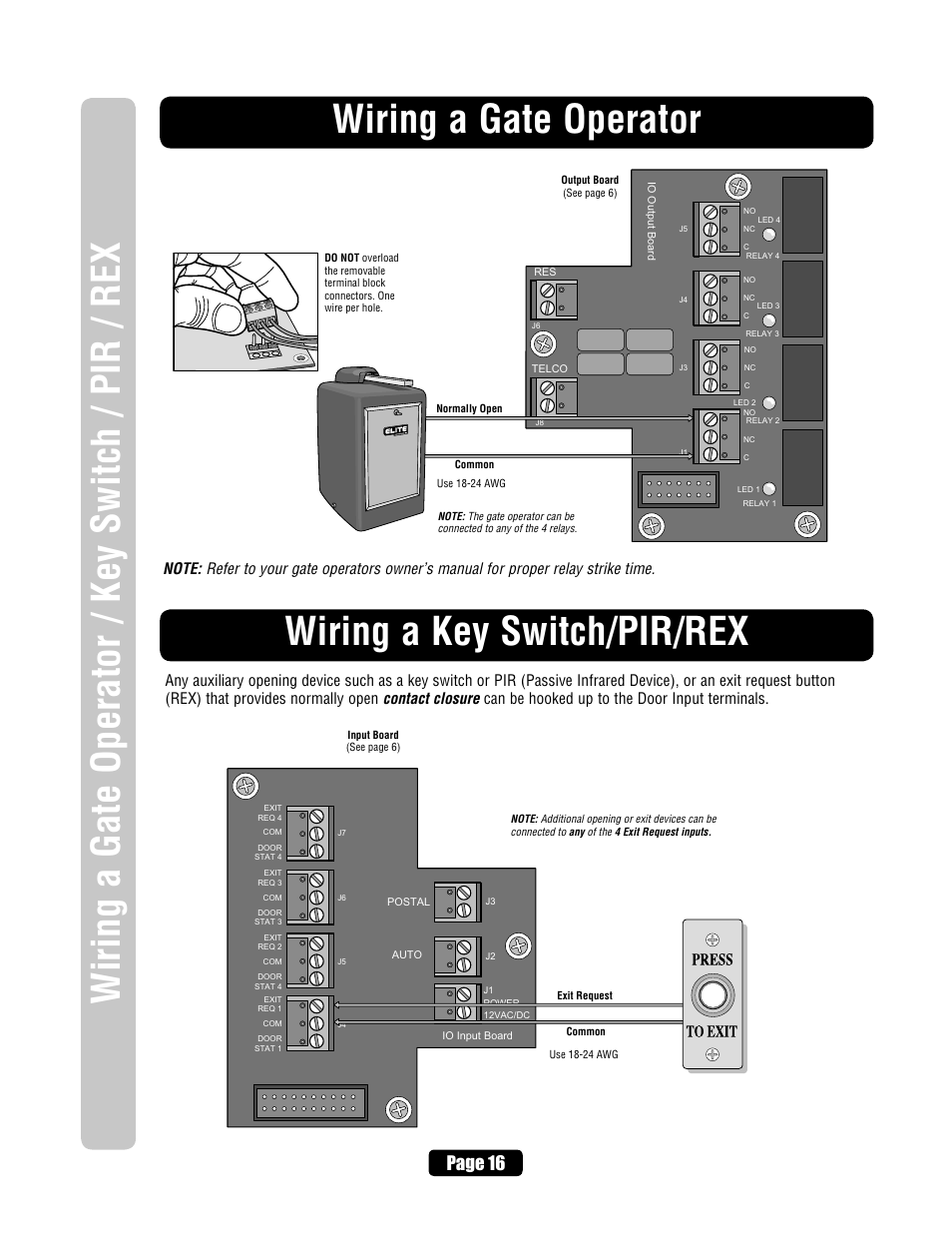 Wiring a gate operator, Wiring a key switch/pir/rex, Page 16 | Chamberlain ELITE EL25 User Manual | Page 18 / 32