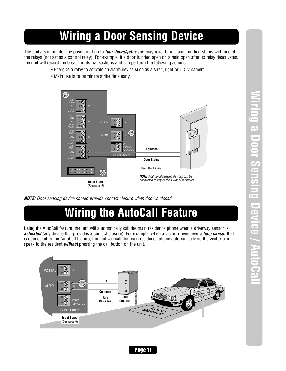 Wiring a door sensing device, Wiring the auto call feature, Wiring the autocall feature | Loop sensor, Page 17 | Chamberlain ELITE EL25 User Manual | Page 19 / 32