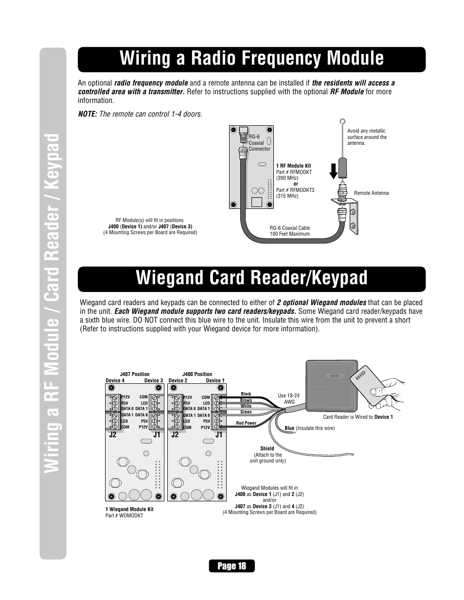 Wiring a radio frequency module, Wiegand card reader/keypad, Page 18 | J1 j2 j1 j2 | Chamberlain ELITE EL25 User Manual | Page 20 / 32